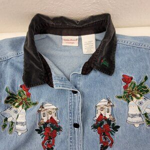 Vtg Bobbie Brooks Denim Shirt Womens 18w Birds Holly Bells Mistletoe Holiday Art
